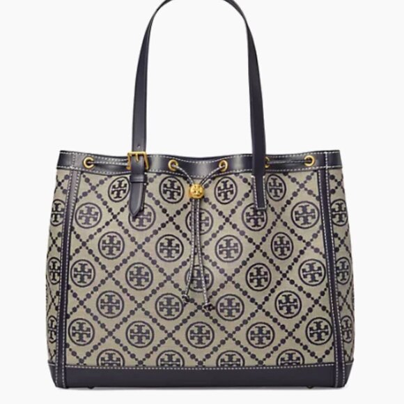 NEW! Tory Burch Jacquard Drawstring Tote -Large Navy NWT & dustbag - Picture 2 of 14